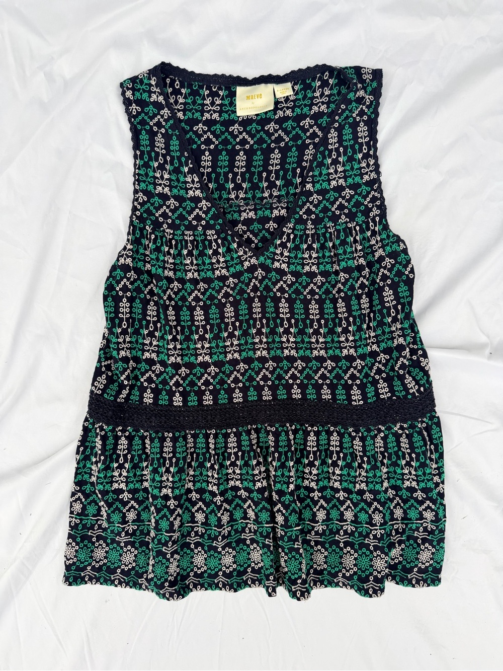 Anthropologie Navy, Green & White Smocked Sleeveless V-Neck Tank
